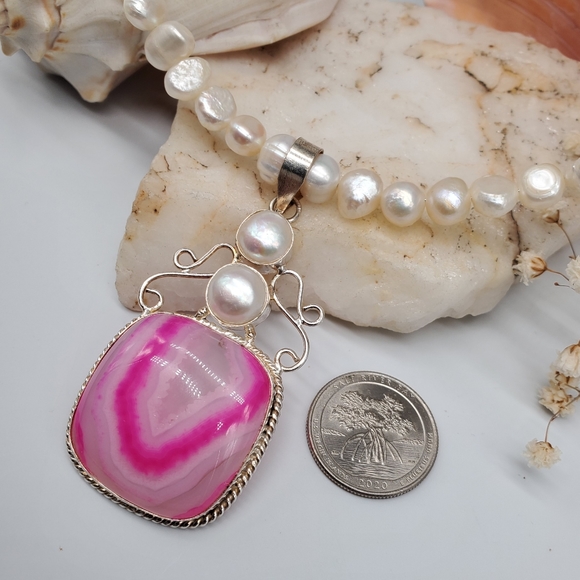 Freshwater Pearls Necklace Silver Hot Pink Genuine Agate Pendant - Picture 5 of 7